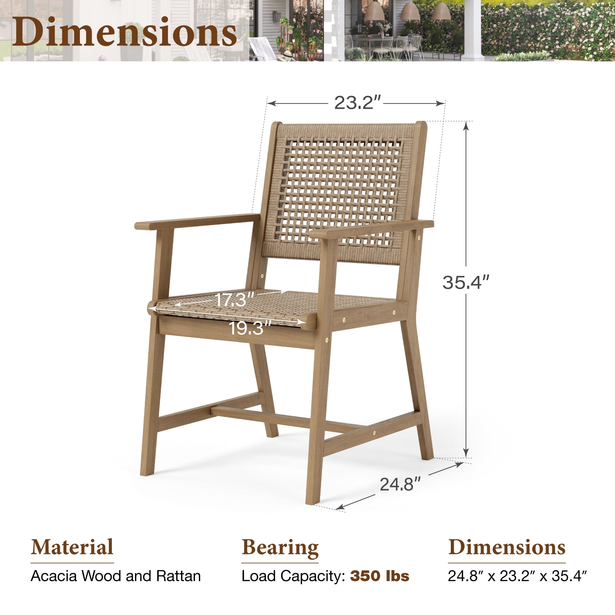 SUMMIT LIVING 6-Piece Acacia Wood Outdoor Patio Dining Chairs with Rattan Seat & Back