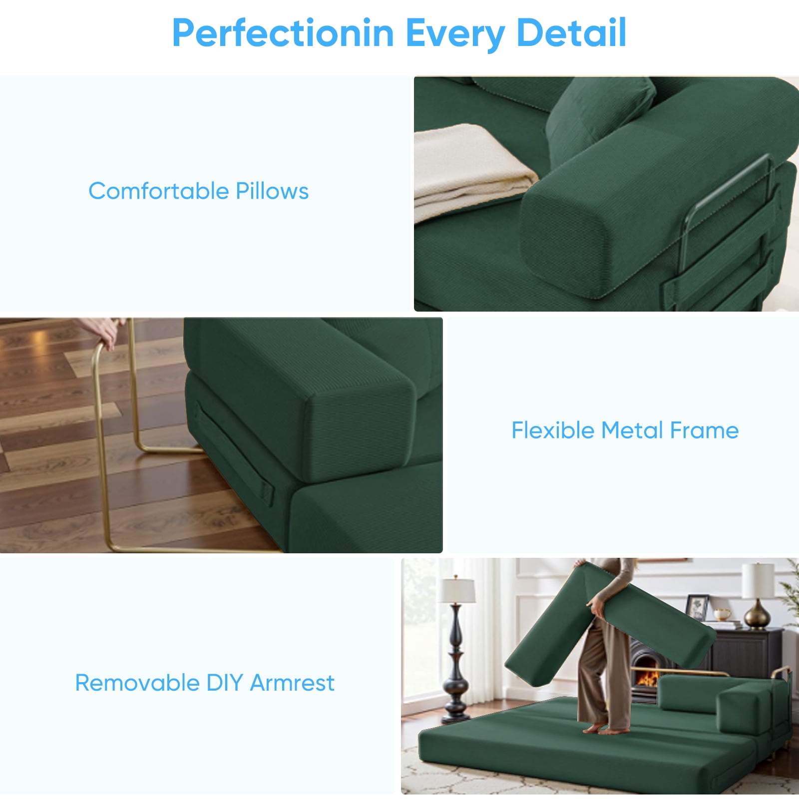 ZAFLY Folding Sofa Bed | Convertible Futon Sleeper Couch | Modern Floor Mattress | Corduroy Sofas and Couches for Living Room - Green
