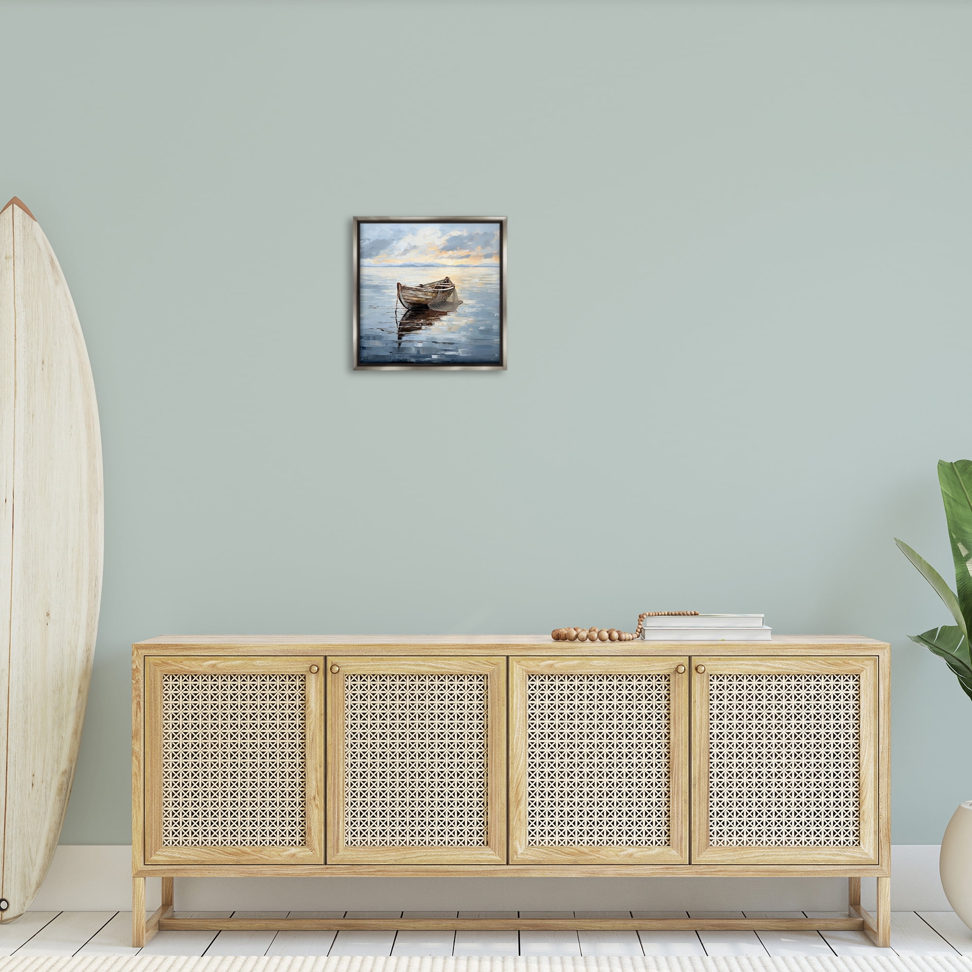 Stupell Industries Fishing Boat Painting Transportation Painting Gray Floater Framed Canvas Art Print Wall Art, 18 x 18