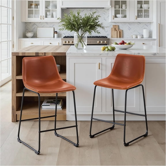 26 Inch Counter Height Bar Stools Set of 2, Crazy Horse Leather Barstools for Kitchen Island, Modern Bar Chairs with Back and Metal Leg, Brown
