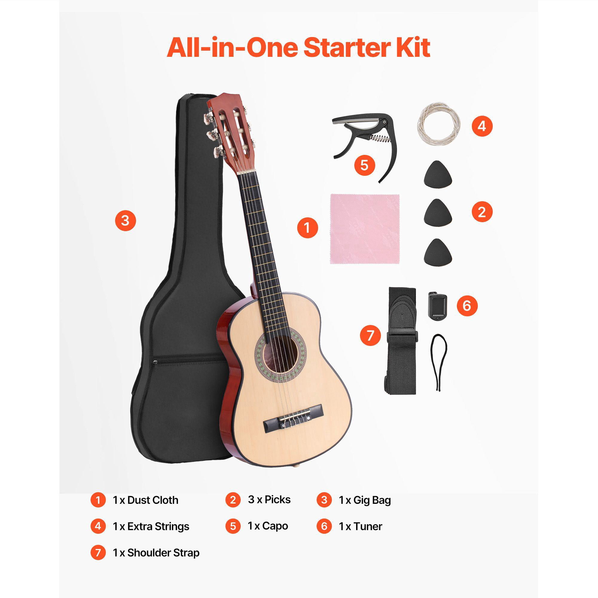 30 Inch Basswood Classical Guitar Starter Kit for Beginners with Nylon Strings Gig Bag Strap Tuner Extra Strings Picks Capo for Kids Girls Boys Students Natural