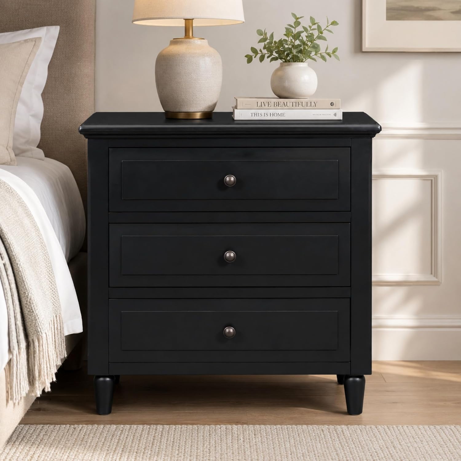 YWEN Pine Wood Nightstand with 3 Drawers and Smooth Gliding Rails Simple Bedside Cabinet with Metal handle Minimalist Sofa Side Table with rubber legs for Bedroom Sofa Couch Office
