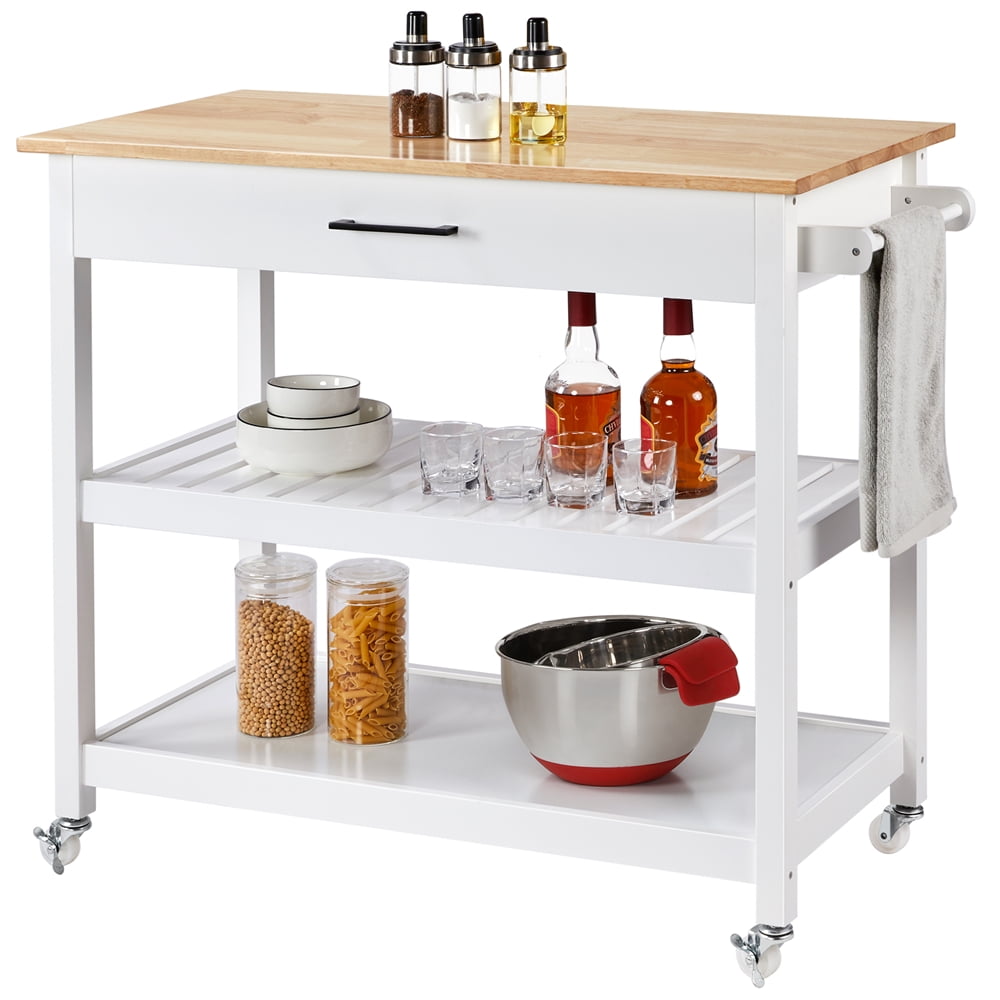 Yaheetech 20 Tier Rolling Kitchen Cart Island Cart on Wheels with Storage  Shelf & Drawer Solid Wood Countertop, White