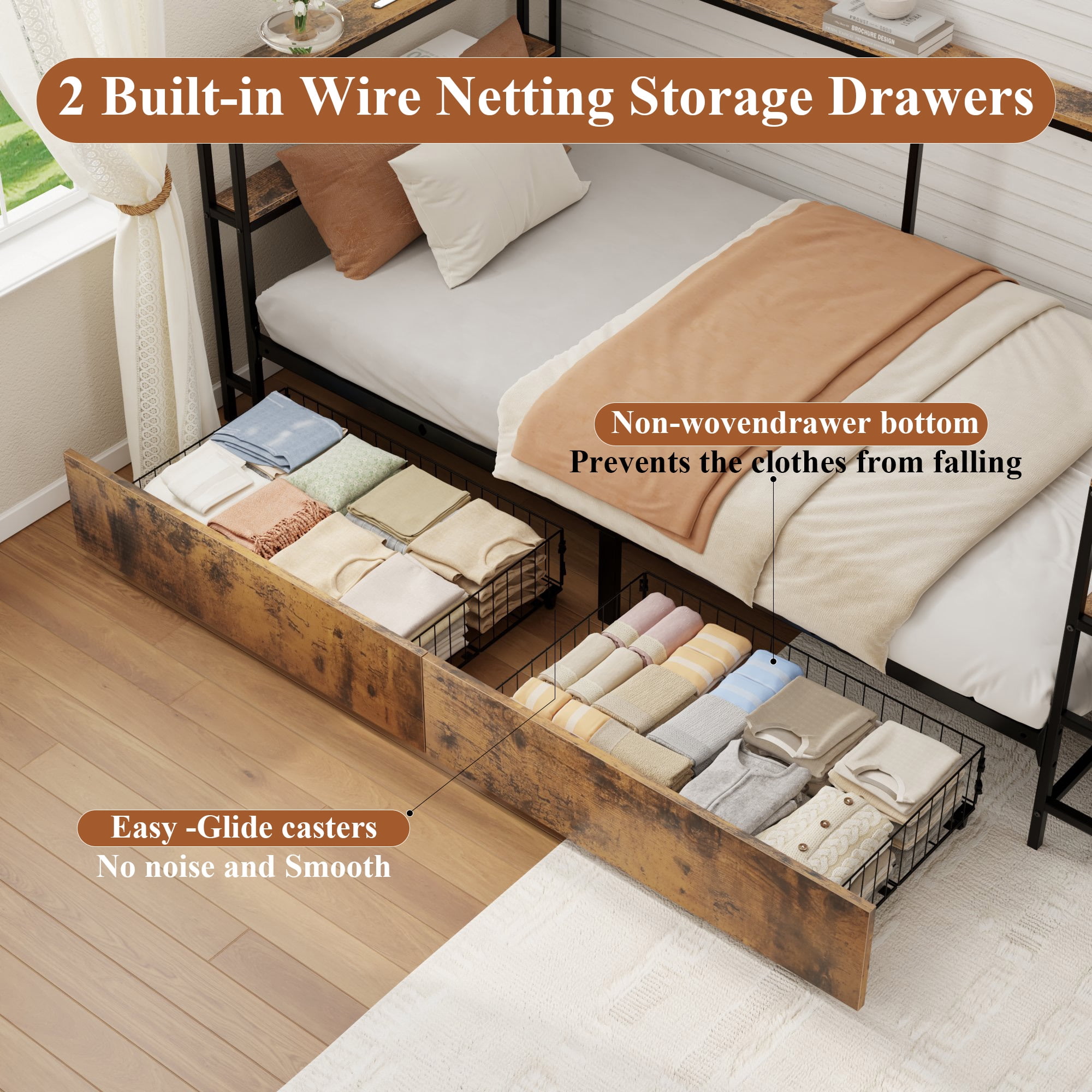 Miniyam L-Shaped Twin Bed Frame with Storage Drawers, Charging Station & Bookshelf, Metal Platform Bed
