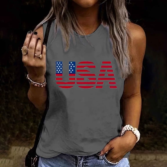 Xdegoge 4th of July Tank Tops for Women Patriotic American Flag Crewneck Sleeveless Tees Loose Fit Summer Casual Going Out Trendy Tees