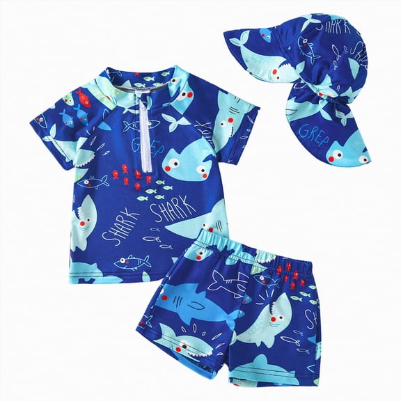 mgoYE Boy Swim Set 3t Toddler Boy 3 Piece Swimsuit Rash Guard Set Dolphin Print Long Sleeve Trunks Swimwear Bathing Suit with Hat UPF 50 (Blue,18-24 Months)