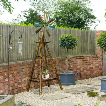 Outsunny Freestanding Windmill Weathervane with Bottom Shelf, Weather Vane with Windmill Head, Stained Wood