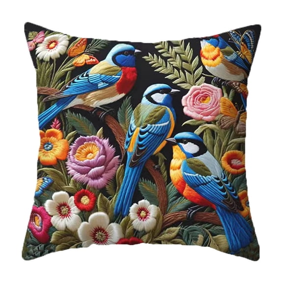 chaungfeng Spring Flowers Hummingbird Simulated Embroidered Print Cushion Covers, Comfortable Square Throw Pillowcovers for Bed Sofa Decoration Living Room Office 18 x18 Inches (E)