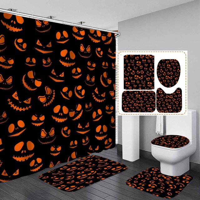 Juego de 4 cortinas de ducha de Halloween, cortina de ducha de tela blanca impermeable, alfombrilla de baño antideslizante, alfombras de baño, lindo fantasma rosa, divertido castillo de murciélago de