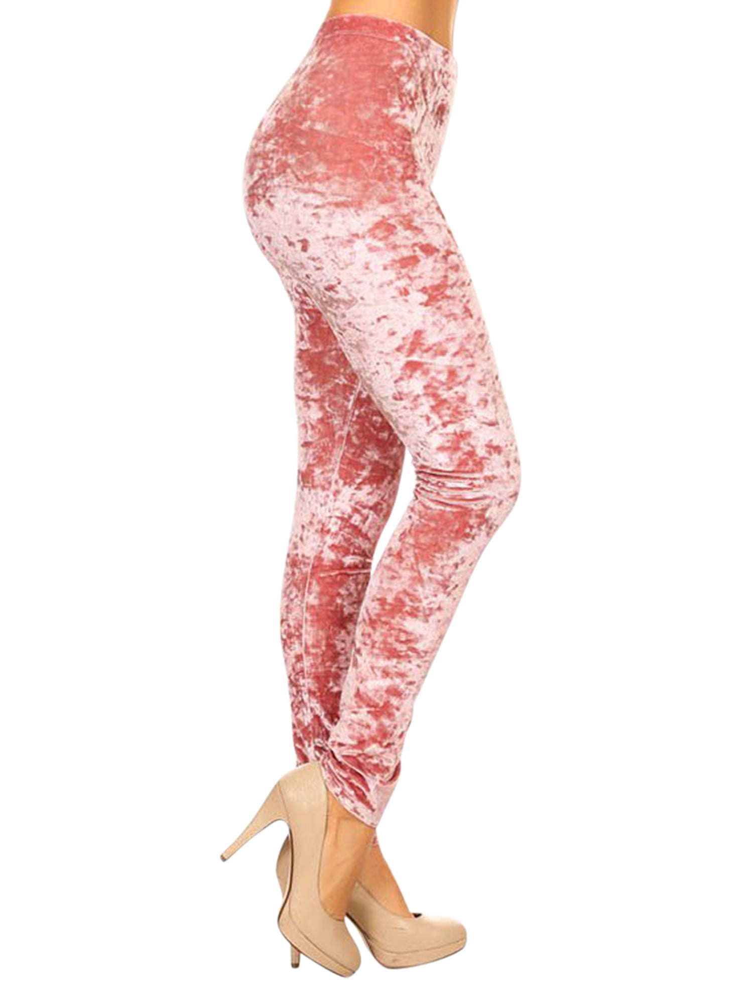 Rose Pink Crushed Velvet Velour Womens Stretchy Leggings Size Medium
