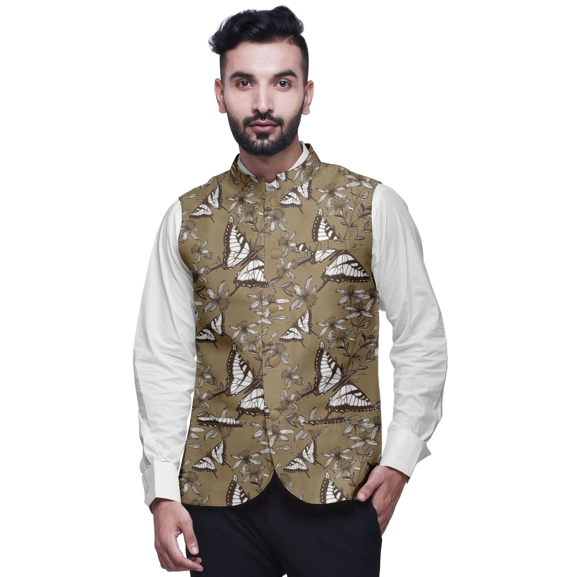 Atasi Tortilla Brown Printed Nehru Jacket Mens Bandhgala Ethnic Jacket Party Wear Wedding Clothing XX Large