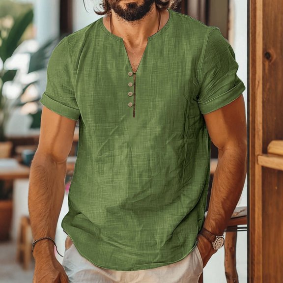 Jyeity Shirts for Men Breathable Casual Linen,Short Sleeve V-Neck T Shirts Tops L