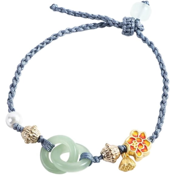 LinYooLi Natural Jade Bracelet,Flowers Jade Beaded Bracelet, Adjustable Rope Lucky Beads Charm Bracelet,Natural Jade Beads Braid Bracelet