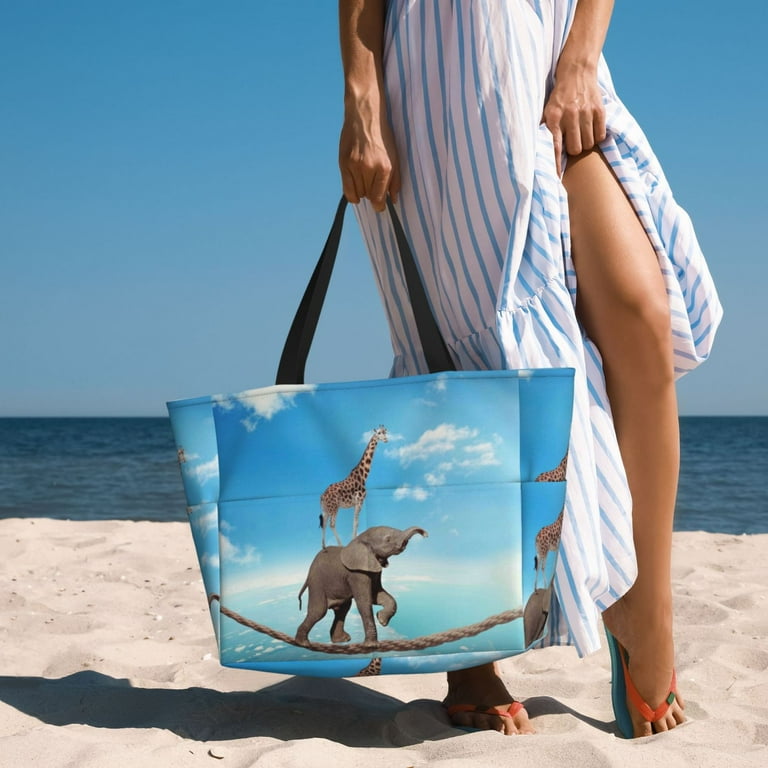 Wukai Elephant Giraffe Print Zipper Bag large Beach Tote Bag Waterproof Sandproof Bag Grocery and Picnic Tote Travel Bag Walmart