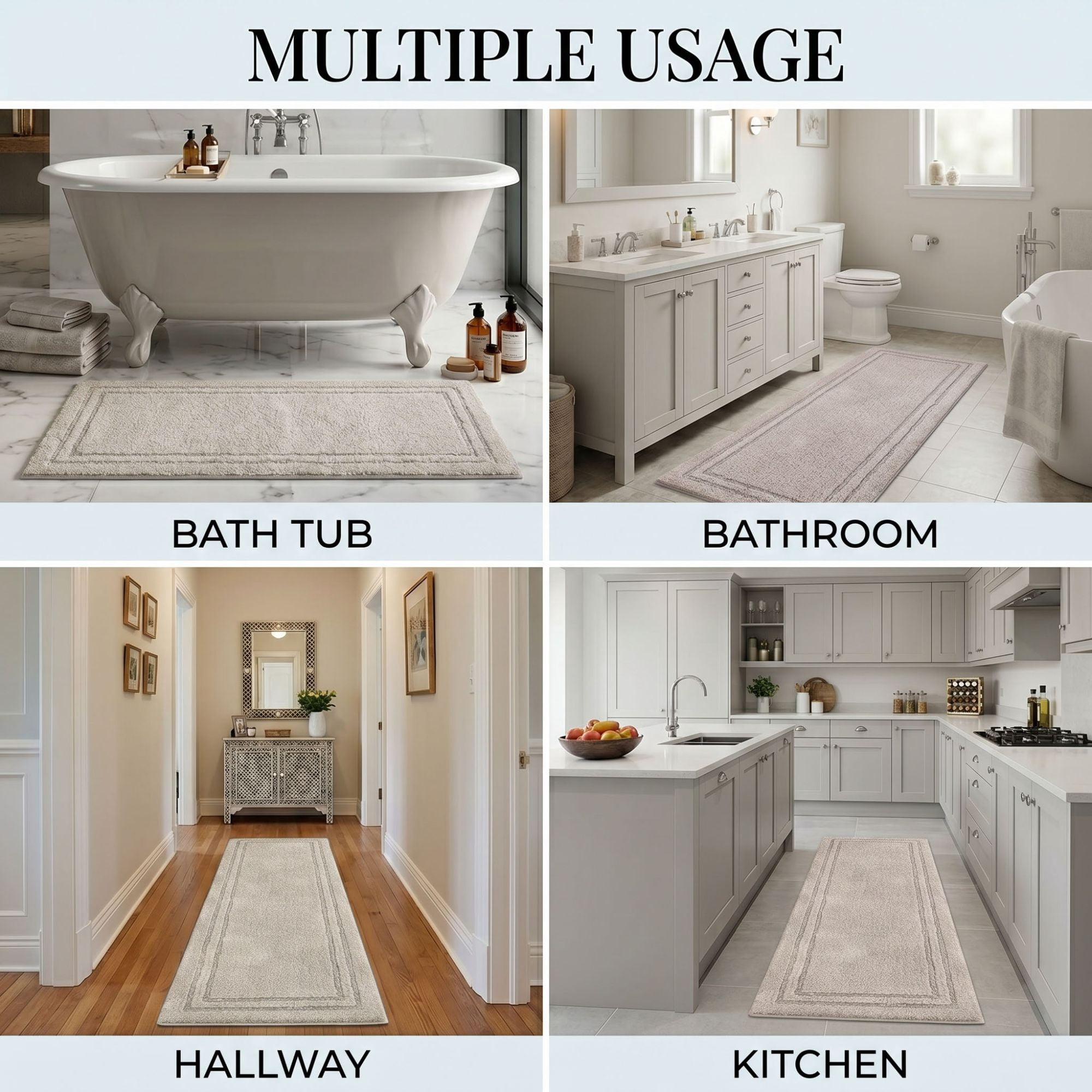 Superior Solid Bordered Cotton Washable Non-Slip Bath Rug, Runner Size, Stone