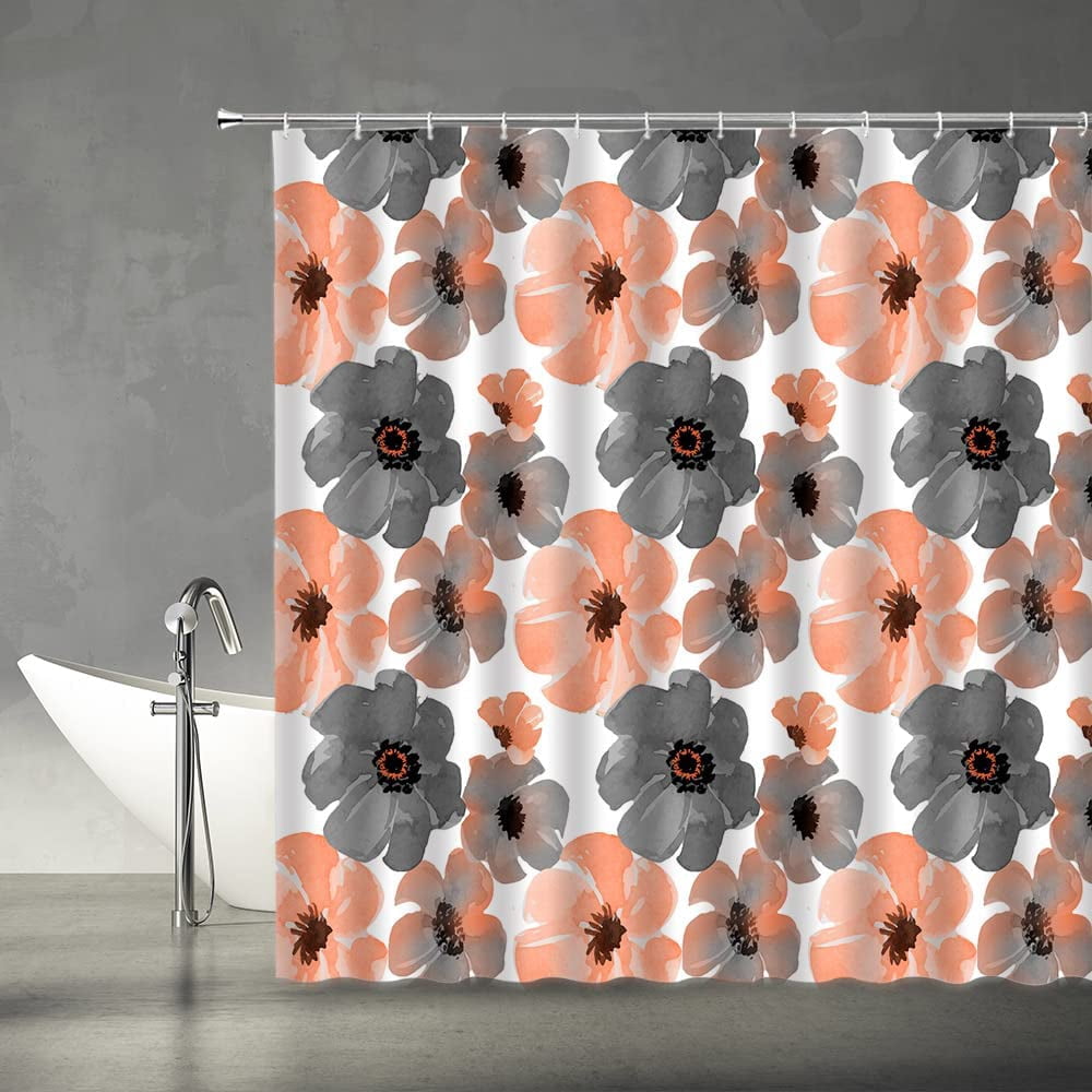 Gray Orange Shower Curtain Watercolor Flower Retro Floral Morden Boho Spring Garden Plant Fabric Bathroom Decor Set with Hooks (84" Wx70 H)