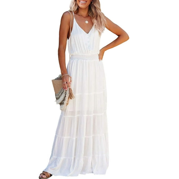 PRETTYGARDEN Women's Casual Summer Dress Spaghetti Strap Sleeveless High Waist Beach Long Maxi Sun Dresses