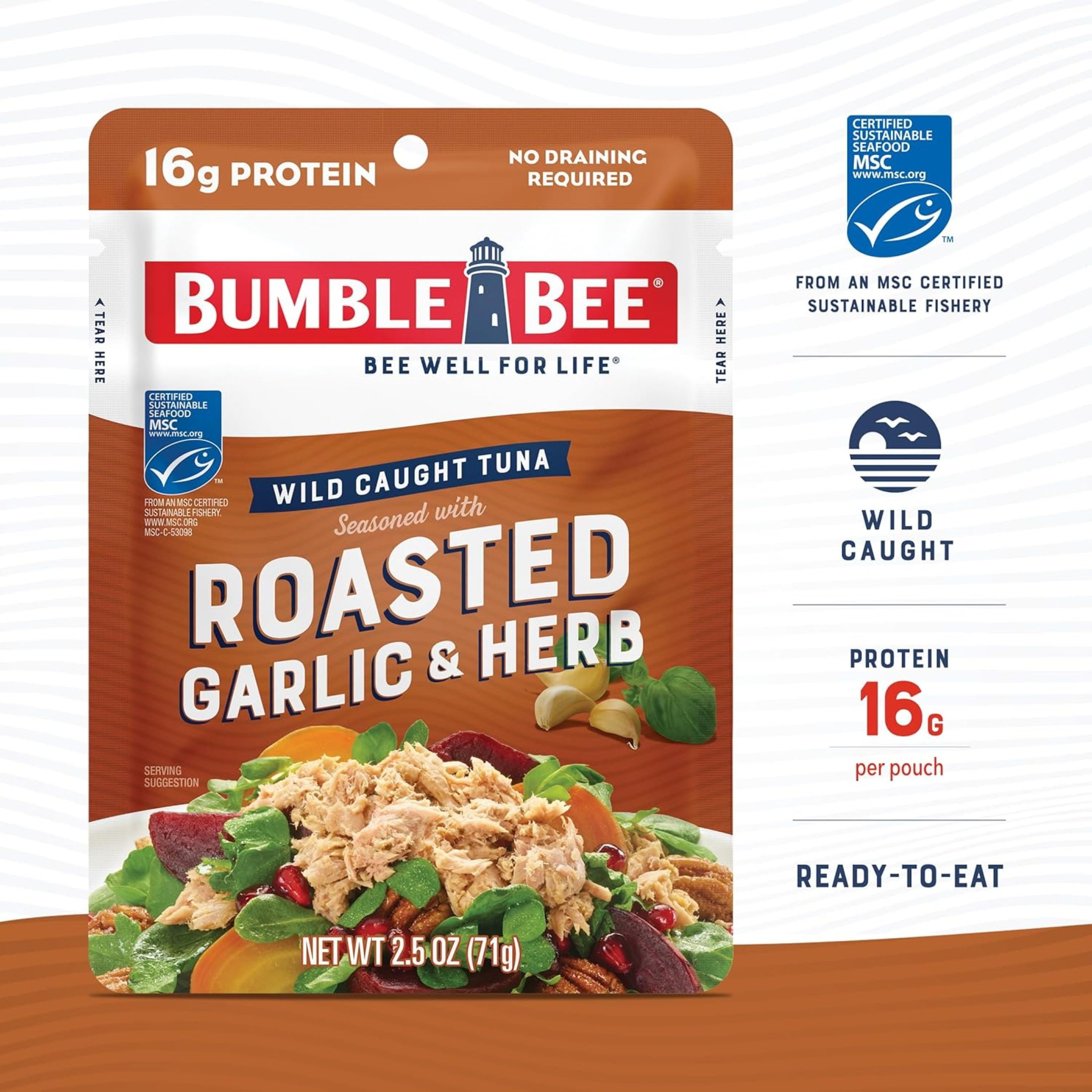 (12 pack) Bumble Bee Roasted Garlic & Herb Seasoned Light Tuna, Wild Caught, Gluten Free, 16g Protein per Serving, Shelf Stable Pouch, 2.5 oz