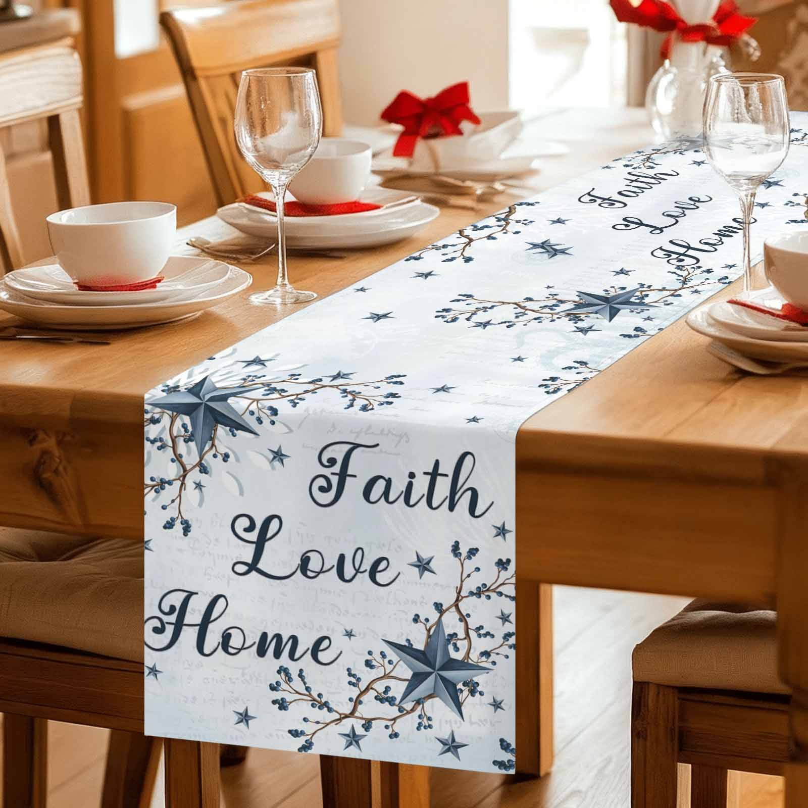 Texas Star Country Cotton Linen Table Runner for Dining Kitchen, Blue Farmhouse Branches Wedding Outdoor Party Tablerunners Decoration, Dresser Scarf Coffee Tablecloth Runners 13x90 Inches
