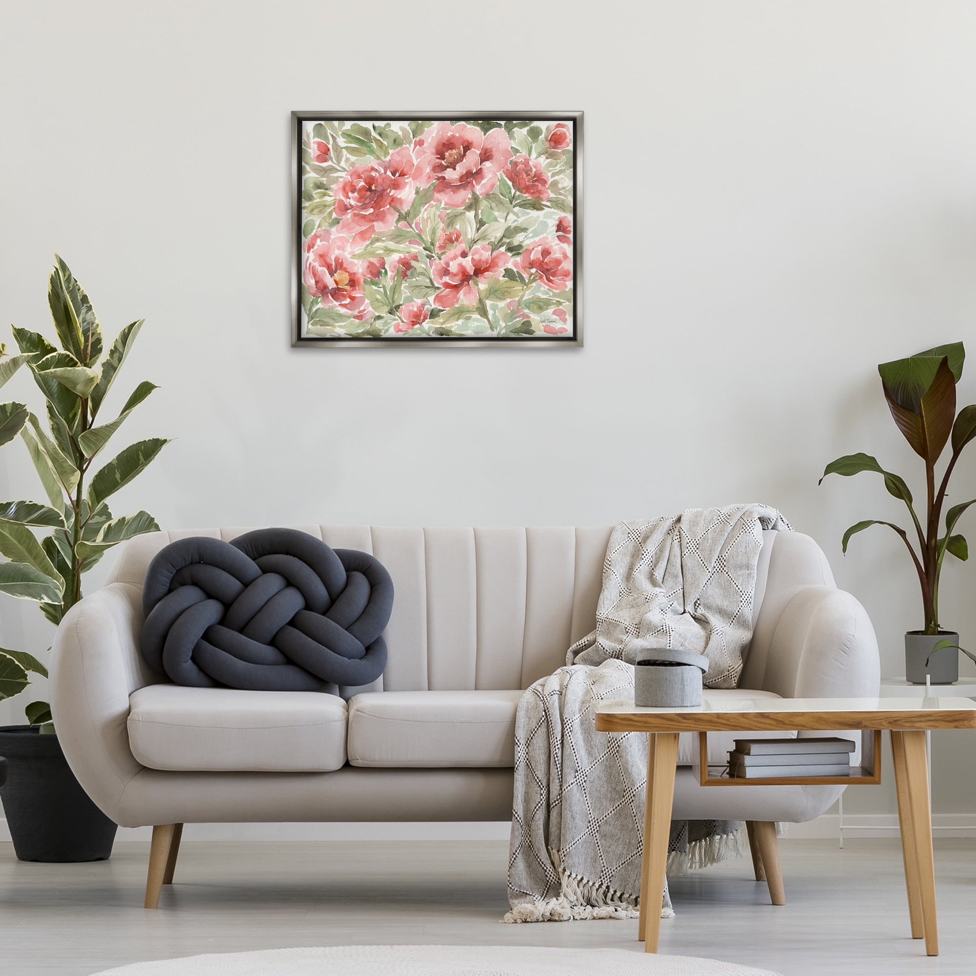 Stupell Industries Pink Peonies Pattern Botanical & Floral Painting Gray Floater Framed Art Print Wall Art, 31 x 25