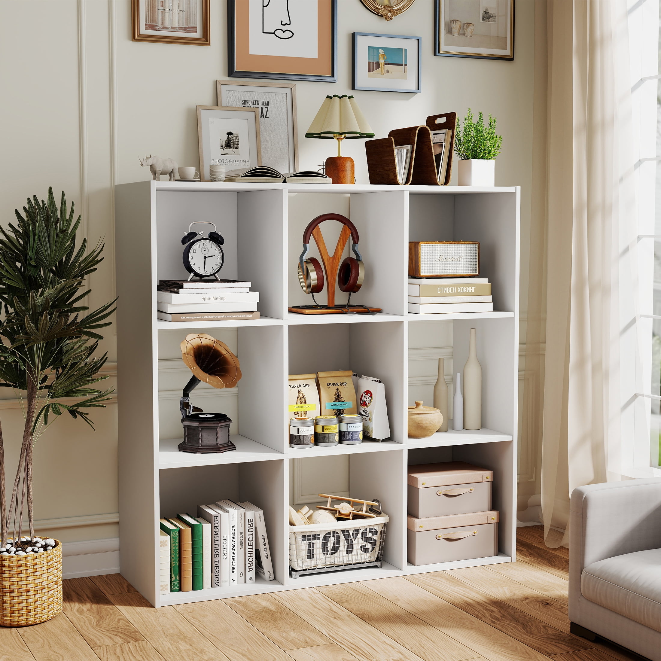 ZUNMOS  9  Cube Storage Organizer,Open Cube Storage Bookcase with 5 Removable Back Panels,for Living Room, Bedroom, Entrance Hall &Office, 36" L×11.6" W×36"H, White