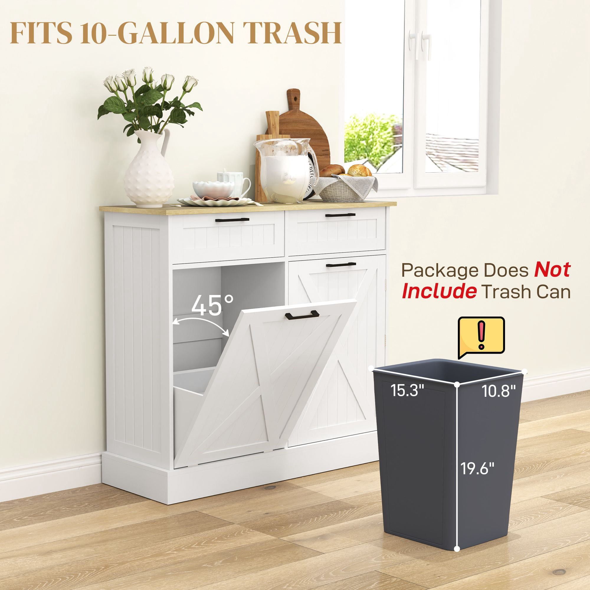 Tilt Out Trash Can Cabinet with 10 Gallon Hidden Trash Can, 2 Drawers, Spice Rack, for Kitchen