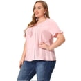 thumbnail image 3 of Plus Size Blouse for Women Self Tie Neck Lace Hollow Out Ruffle Short Sleeve Tops Pink 3X, 3 of 6