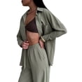 thumbnail image 3 of 2 Piece Outfits for Women Casual Lounge Sets Long Sleeve Button Down Shirts and Wide Leg Pants Sets Army Green S, 3 of 10