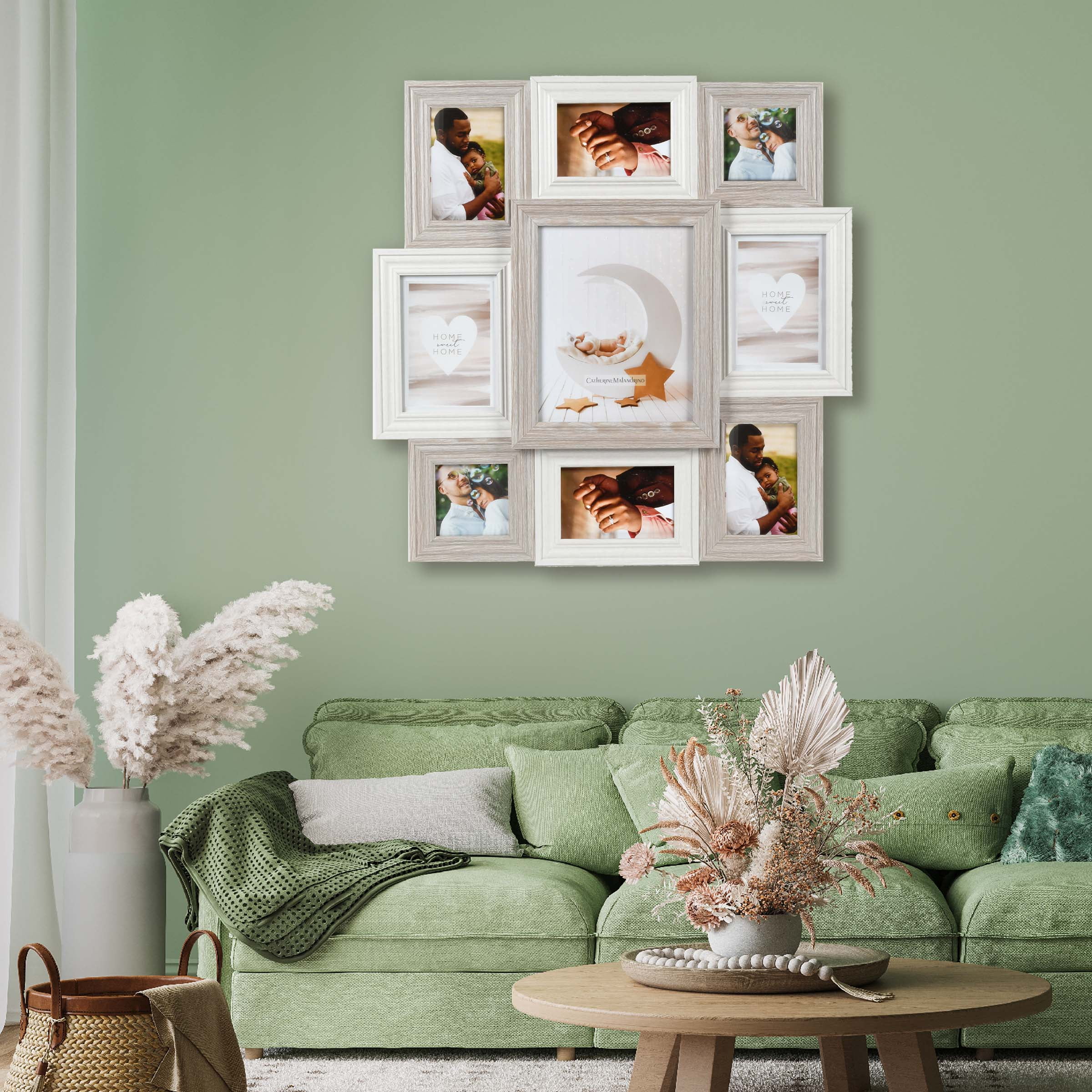 Prinz 9-Opening Multi-Sized Wall Collage Picture Frame, Rustic White-Grey