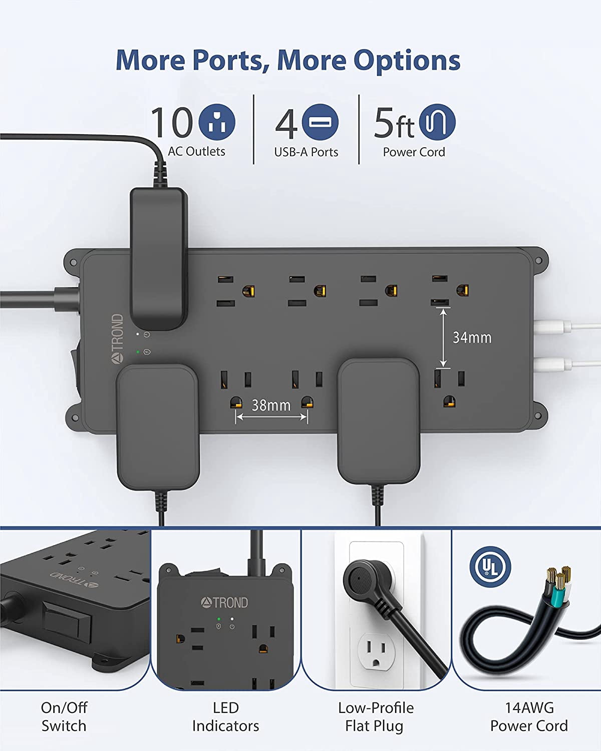 TROND Power Strip Surge Protector, 4000J, ETL Listed, 15A, 10 Widely Spaced Outlets with 4 USB Ports, Flat Plug 5ft Extension Cord, Wall Mountable, 14AWG Heavy Duty, for Home Office Garage, Black