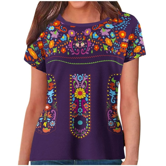Birdeem Blouses pour Femmes Style Ethnique Rétro Imprimé Manches Courtes Col Rond