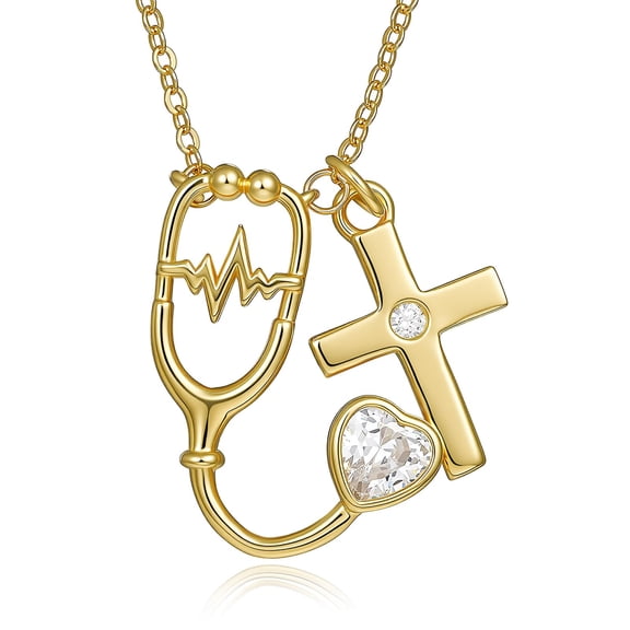 14k Gold Plated Stethoscope Cross Necklace for Women