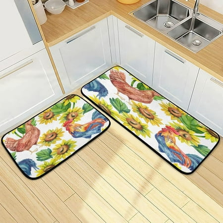 

BESTKITTY Watercolor Rooster with Sunflowers Kitchen Mat Set of 2 Pieces Non-Slip Comfort Memory Foam Rug for Kitchen Sink Laundry Office 19.7 x47.2 +19.7 x27.6