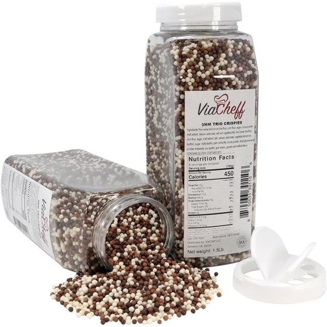 Trio Crispies (3mm) - Crunchy Dessert Topping to Sprinkle on Ice Cream, Cakes, Cupcakes, Cookies, Candy and Donuts. - 1.2 lb. Shaker Jar - Dairy-free