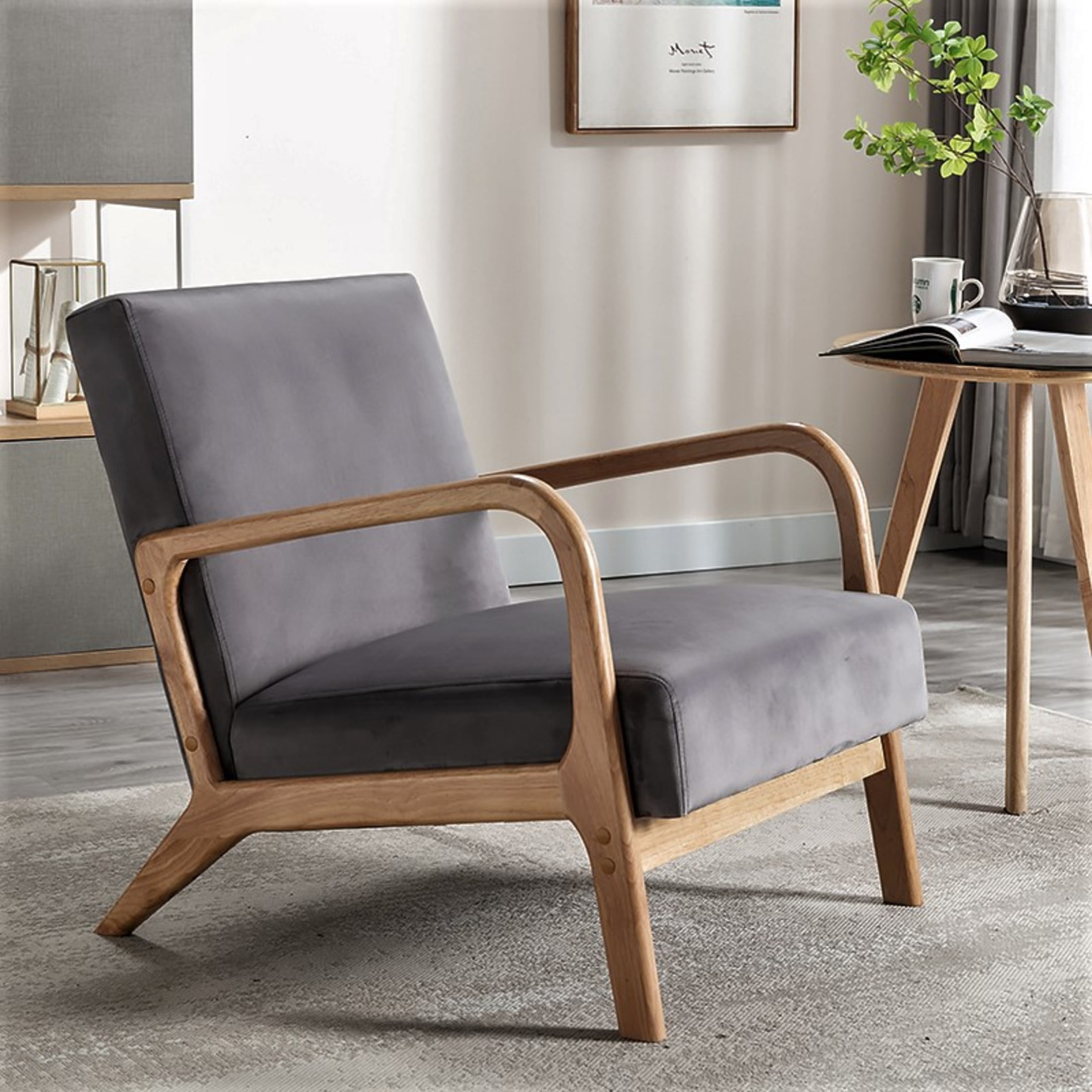 GDF Studio 32.7" Mid-Century Modern Accent Chair with Open Wood Frame, Plush Velvet Upholstery, Gray