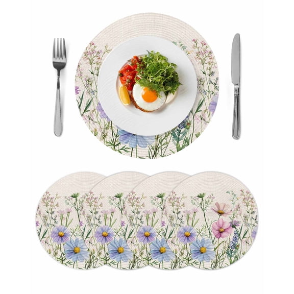 Spring Floral Round Placemats Set of 4 for Dinning Tables,Heat-proof Braided Table Mats 13 Inch,Wildflowers Herbs Summer Botanical Vintage Washable Place Mat for Kitchen Restaurant Party Table Decor