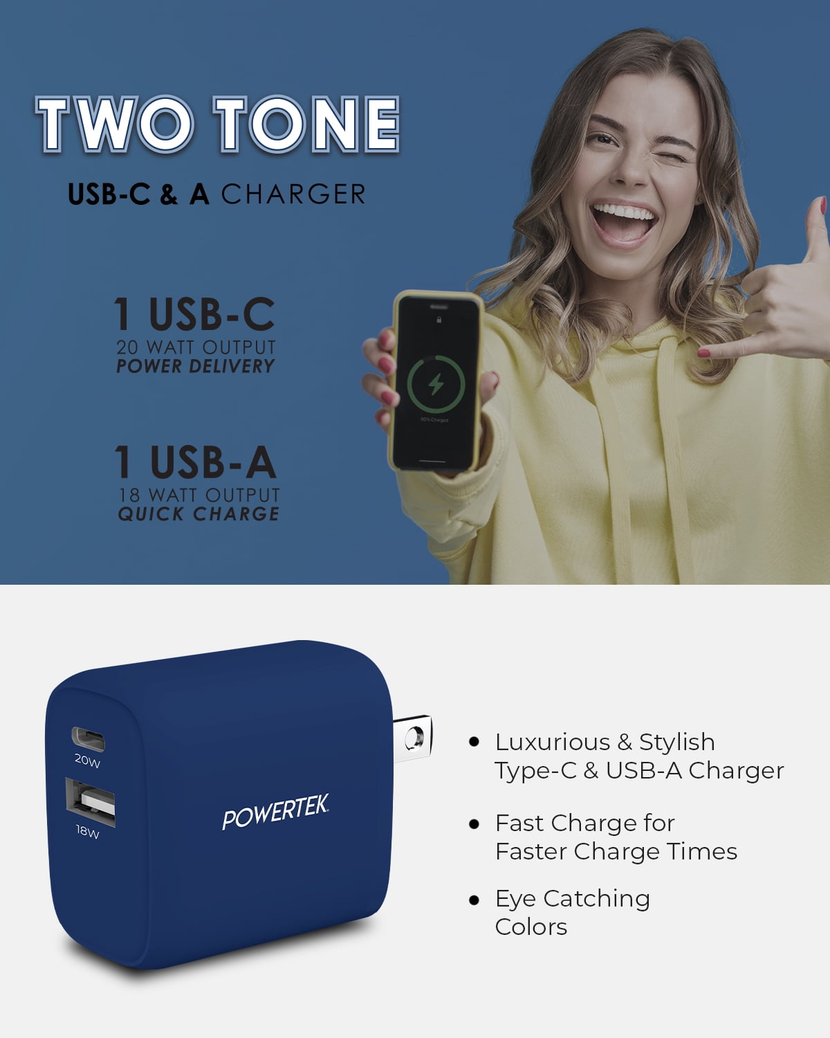 Liquipel Powertek 20W PD USBC and 18W USBA Dual Port Wall Block Charger, Type C Fast Charging Cube, Wall Power Adapter Plug, Two Tone Blue