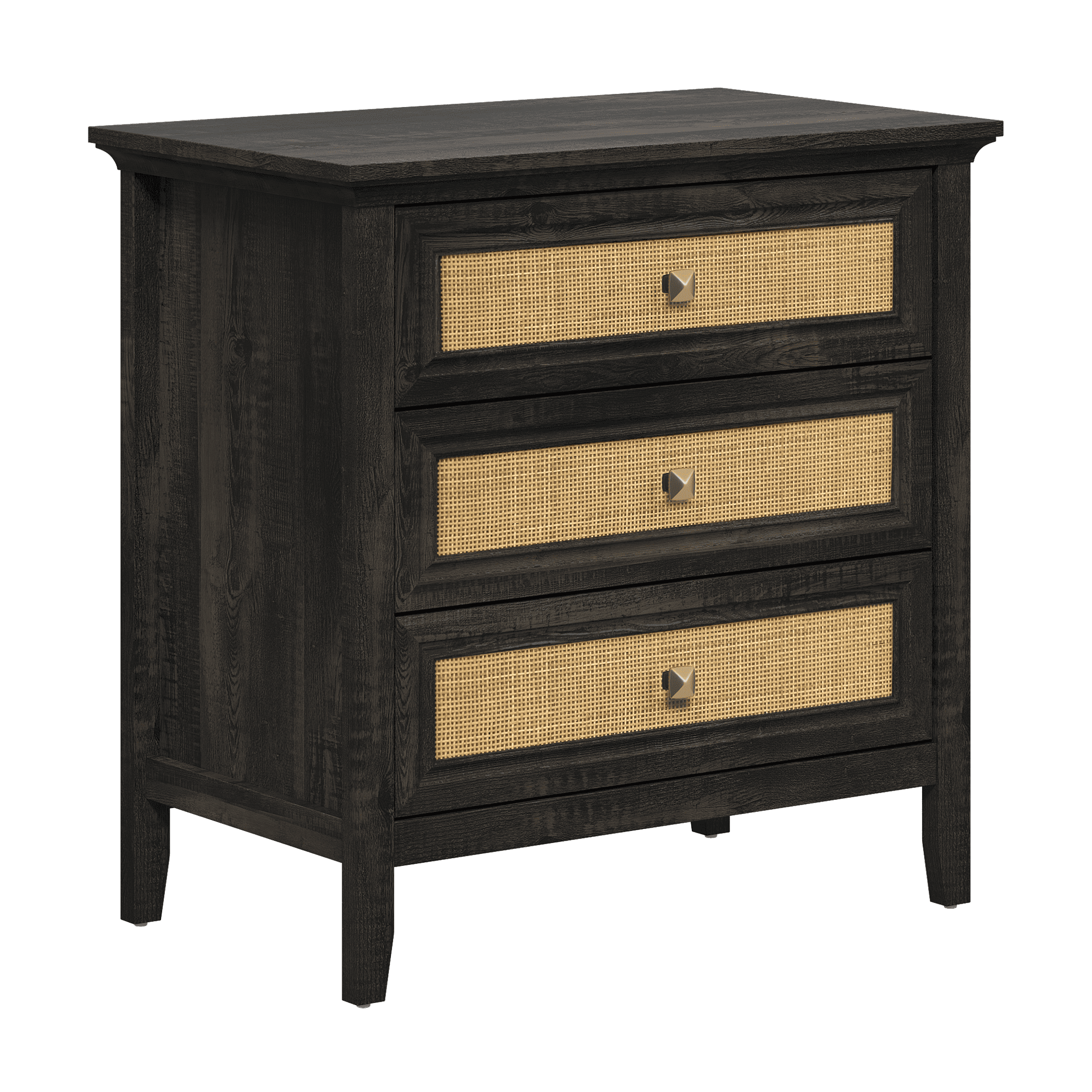 Dark Rustic Oak Rattan 3 Drawer Dresser, Farmhouse Wooden Chest of Drawers, Storage Cabinet Nightstand for Bedroom Hallway Living Room