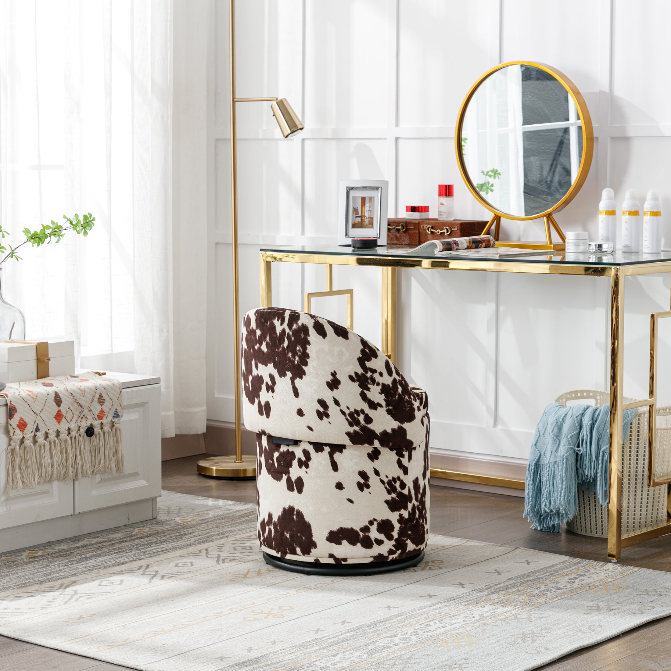 Guyou Modern Round Swivel Vanity Storage Stool, Velvet Upholstered Ottoman with Foldable Backrest and Removable Lid, 360° Swivel Barrel Club Chair, Comfy Makeup Stool for Bedroom Living Room, Cow