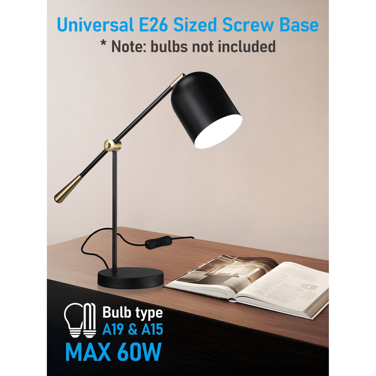 Aesthetic Metal Table Lamp, E26 Base, Adjustable Swing Arm, Max 60W, On/Off Switch