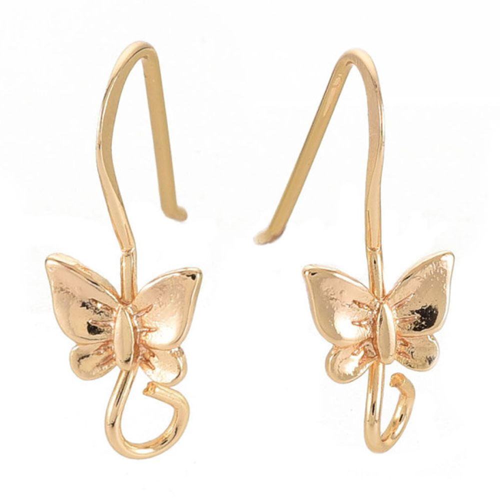 Brass Earring Hooks Ear Wire with Horizontal Loop Nickel Free Butterfly Real 18K Gold Plated 20x8mm Hole: 2.5mm 22 Gauge Pin: 0.6mm