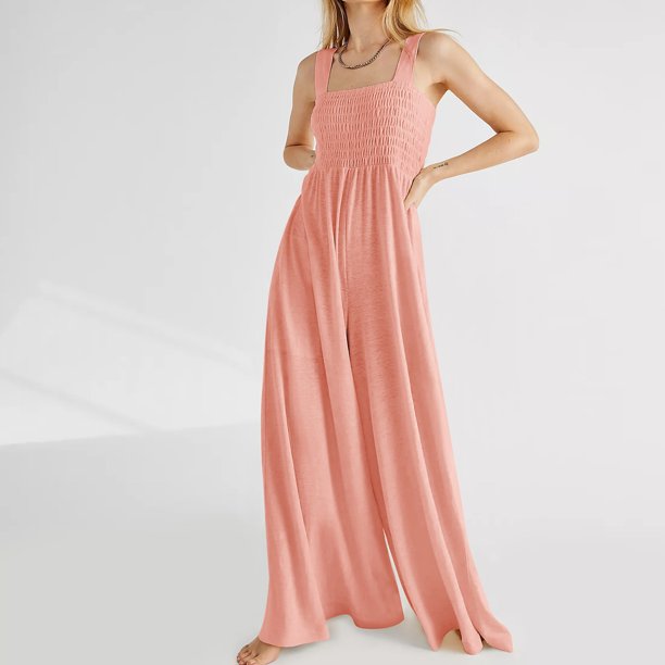 Monos Sin Mangas Mamelucos de pierna ancha para mujer Monos sin mangas plisados de moda casual (Rosa L) Cgtredaw Para estrenar
