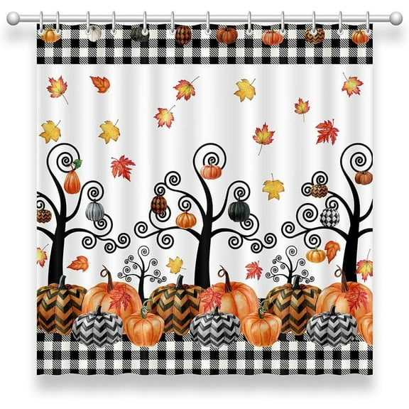 72x72 Inches Pumpkin Fall Shower Curtain, Halloween Autumn Plaid Black and White Farmhouse Thanksgiving Harvest Fabric Bathroom Curtains 12 Hooks