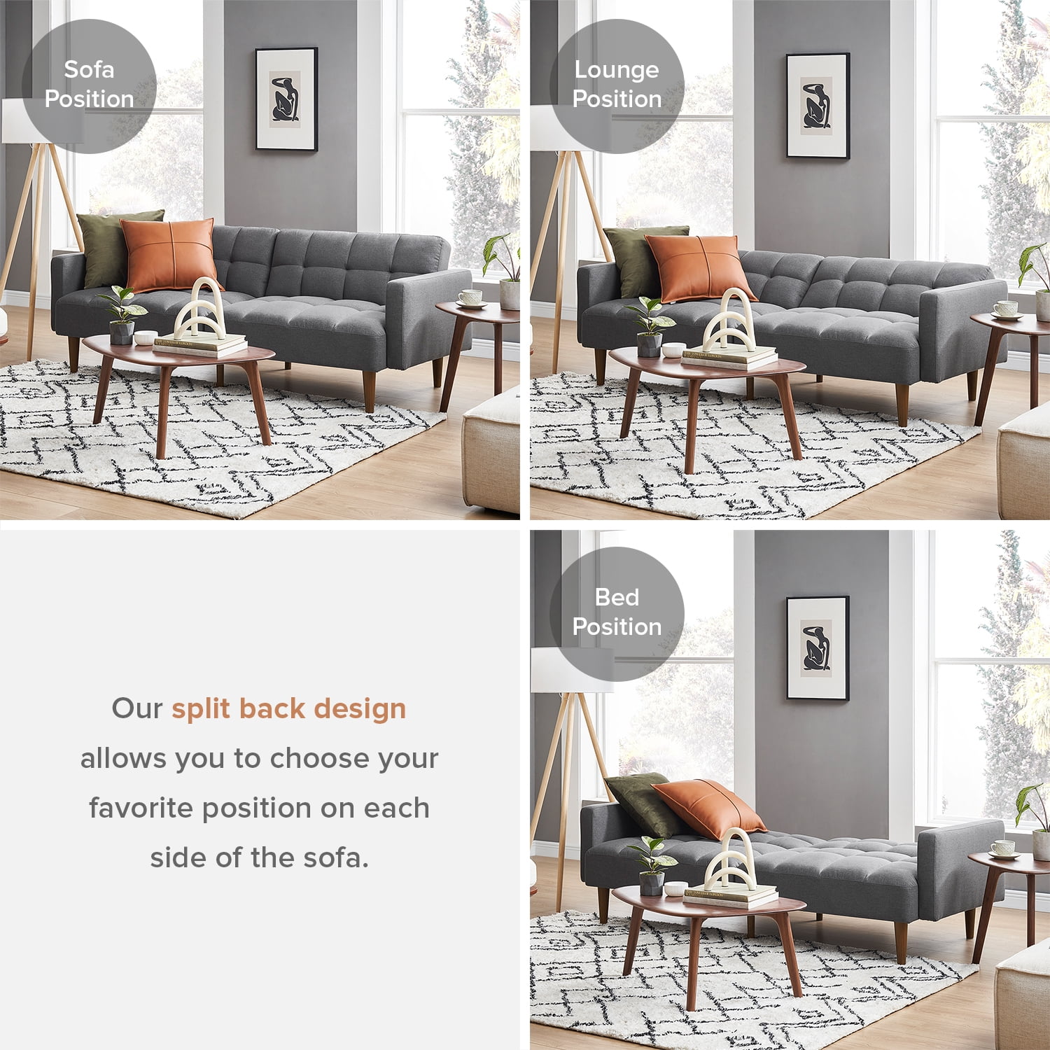 Mopio Aaron Futon Twin Size Convertible Sofa Sleeper Futon with Arms Split Back Design 77.5" Dark Gray Fabric