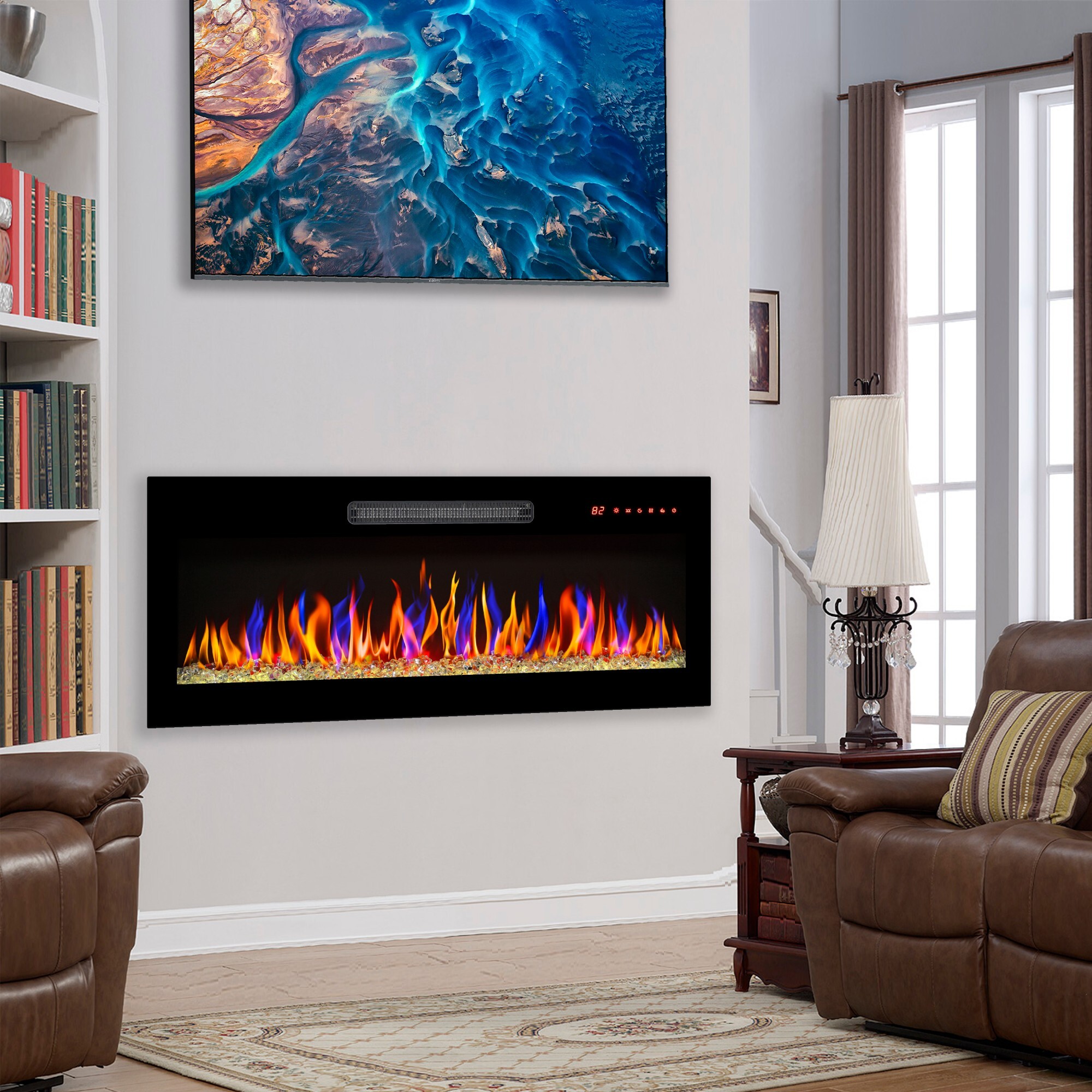 AENKYO 36'' Electric Fireplace with 3D Flame, 16 Colors, Remote Control, Wall Mount/Recessed/Freestanding, Black