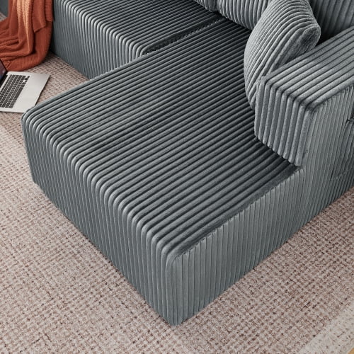 132" U-Shaped Modular Sectional Sofa, Compressed Cloud Couch with Side Pockets, Corduroy Memory Foam Sleeper Sofa, No Assembly Required, Gray