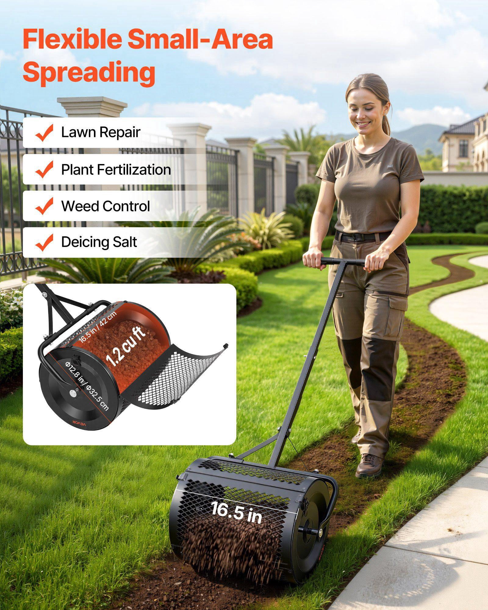 16.5 Inch Heavy Duty Garden Peat Moss Roller Spreader Adjustable T Handle Powder Coated Steel for Seeding Planting Black