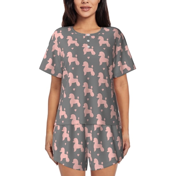 Balery Poodle Dog Conjunto de Pijama para Mujer con Estampado, Dos Piezas de Manga Corta y Shorts, Ropa de Dormir Suave con Cuello Redondo y Bolsillos-Large