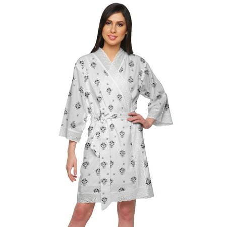 

Moomaya Cotton Printed Bathrobe Crossover Fabric Lace Short Robes Loungewear