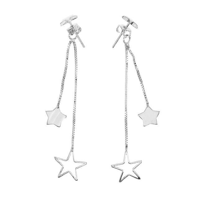 1 par de pendientes largos con borlas y forma de estrella, con diseño geométrico llamativo, ideal para fiestas y noche.